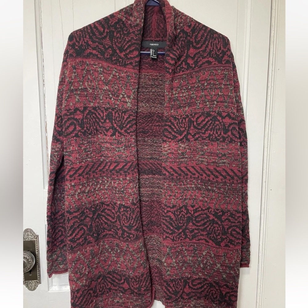 Forever 21 Red Black Geometric Textured Knit Cardigan Sweater Women's Size S